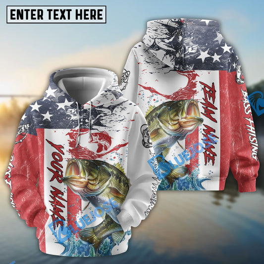 Bluejose Striped Bass Fishing American Flag Red Blue Seawave Custom Name & Team Name 3D Shirts