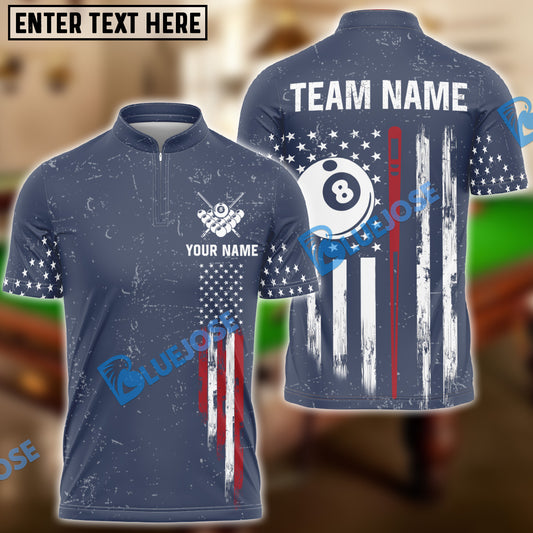 BlueJose Billiards Ball 8 USA Flag with Vertical Cues Customized Name, Team Name 3D Shirt