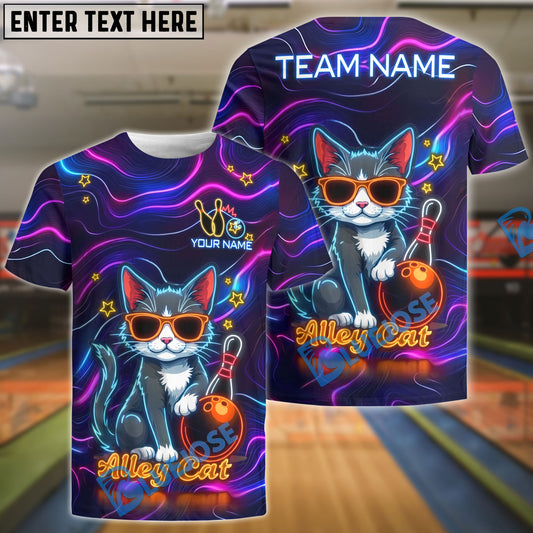 BlueJose Bowling Neon Alley Cat Cartoon Personalized Name, Team Name 3D Shirt