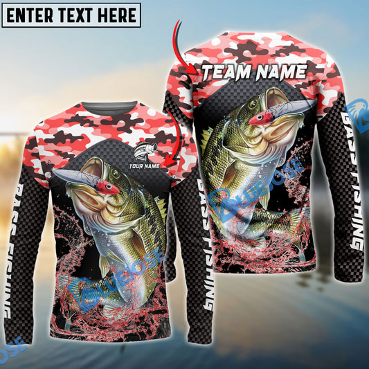 Bluejose Bass Fishing Red Camo Sport Custom Name & Team Name 3D Shirts