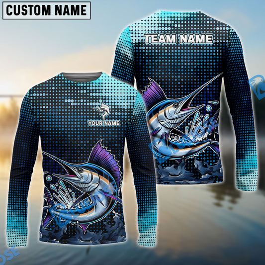 BlueJose Customize Name Marlin Fishing Sky Blue Black Shirts