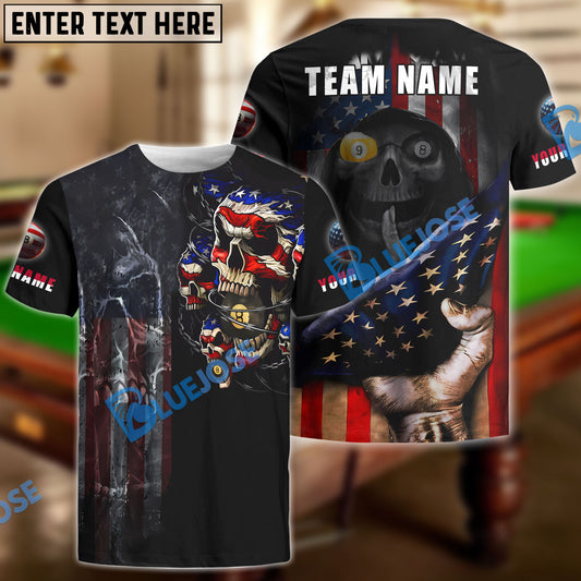 BlueJose Billiards Skull Patriotic Up N Stroke Team Personalized Name 3D Shirt