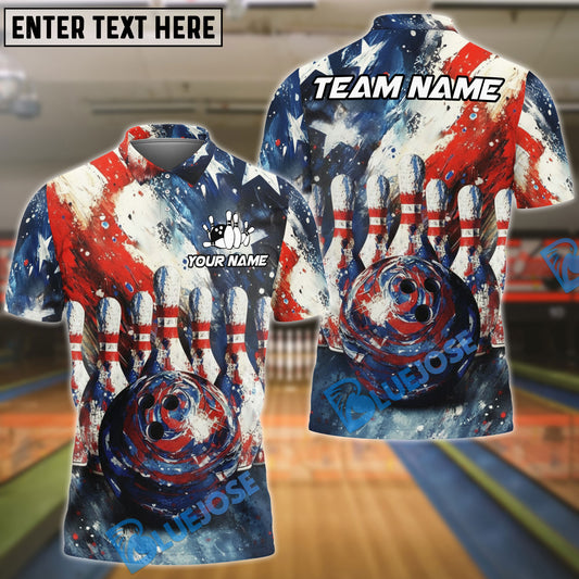 BlueJose Bowling USA Flag Bowling Pins and Ball Personalized Name, Team Name 3D Shirt