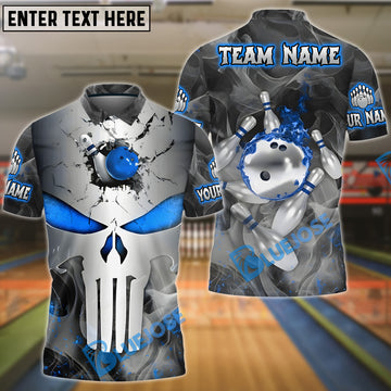 BlueJose Bowling And Pins Punisher Skull Metal Smoke Customized Name, Team Name 3D Shirt (4 Colors)