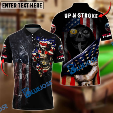 BlueJose Billiards Skull Patriotic Up N Stroke Team Personalized Name 3D Shirt