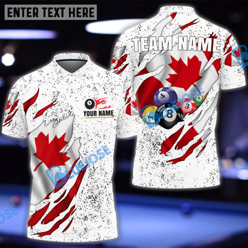 BlueJose Billiards Flag of Canada White Personalized Name, Team Name 3D Shirt