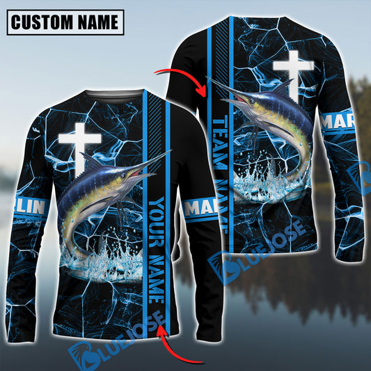 Bluejose Marlin Fishing Blue Cross Pattern Custom Name & Team Name 3D Shirts