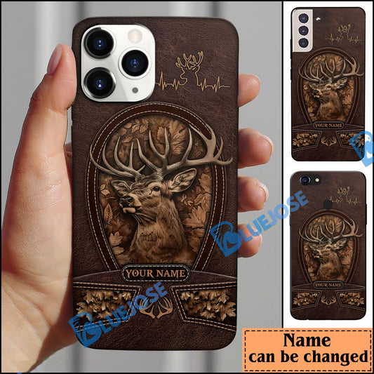 BlueJose Deer Custom Leather Pattern Personalized Name Phone Case