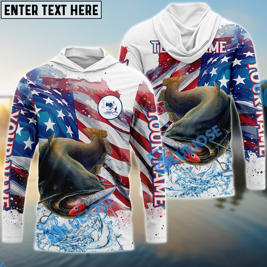 Bluejose Catfish Fishing Watercolor USA Flag Custom Name & Team Name Shirts