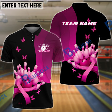 BlueJose Bowling And Pins Pink Ribbon Breast Cancer Awareness Design Customized Name, Team Name 3D Shirt