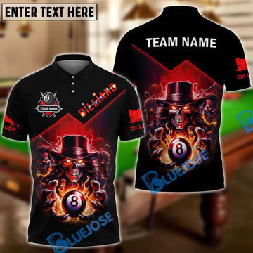 BlueJose Billiards 8 Ball Hands Of Skull Flame Personalized Name, Team Name Shirt (4 Colors)