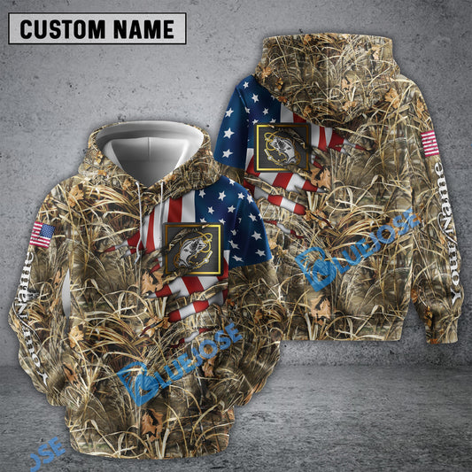 BlueJose Bass Fishing Camo American Flag Patriotic Fishing 3D Hoodie