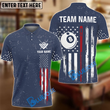 BlueJose Billiards Ball 8 USA Flag with Vertical Cues Customized Name, Team Name 3D Shirt