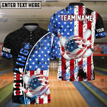 BlueJose Bowling And Pins Patriotic American Flag Customized Name, Team Name 3D Shirt