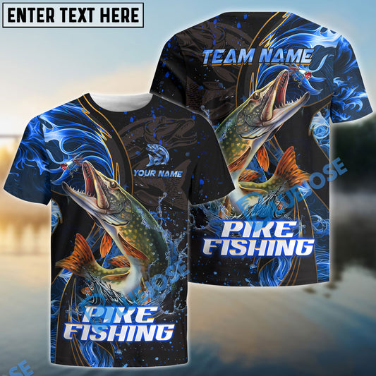 Bluejose Pike Fishing Blue Flame Smoke Line Premium Style Sport Custom Name & Team Name 3D Shirts