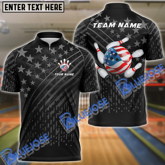 BlueJoses Bowling US Black Flag Pattern Customized Name, Team Name 3D Shirt