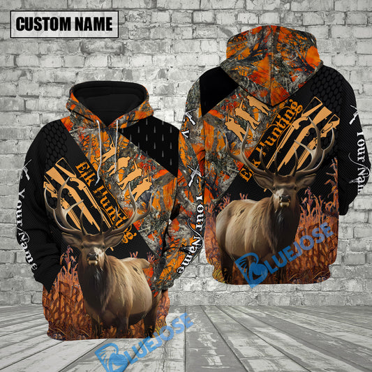 BlueJose Customized Name Elk Hunting Orange Camo 3D Shirt