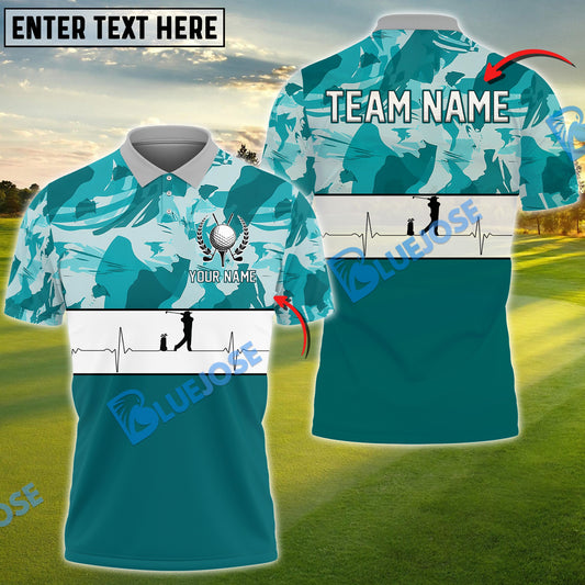 BlueJose Golf Polo Shirt with Camo Print and Heartbeat Customized Name, Team Name 3D Shirts (4 Colors)