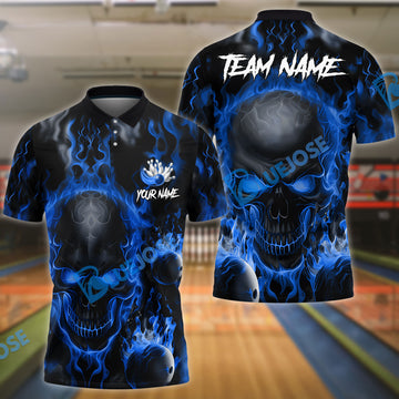 BlueJose Bowling And Pins Flame Skull Multicolor Customized Name 3D Shirt (4 Colors)
