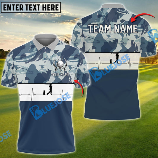 BlueJose Golf Polo Shirt with Camo Print and Heartbeat Customized Name, Team Name 3D Shirts (4 Colors)