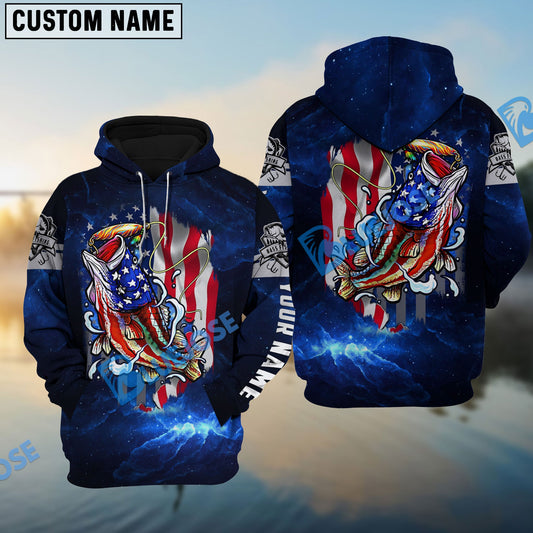 BlueJose Personalized Bass Fishing 3D American Flag Patriotic Hoodie