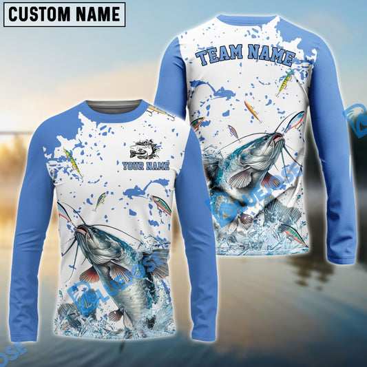 Bluejose Catfish Fishing White Light Blue Custom Name & Team Name 3D Shirts