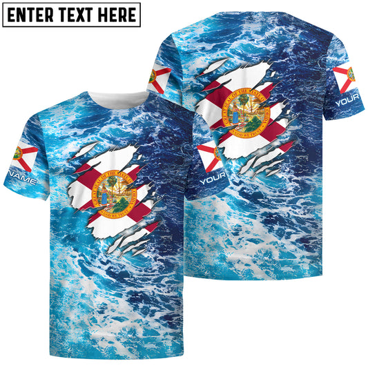 BlueJose Blue Sea Wave Ocean Camo Florida Flag Custom Name Fishing Shirt