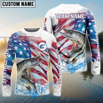 Bluejose Musky Fishing Watercolor USA Flag Custom Name & Team Name Shirts