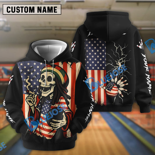 BlueJose Bowling USA Patriotic Rasta Skull Street Art Style Personalized Name, Team Name 3D Shirt