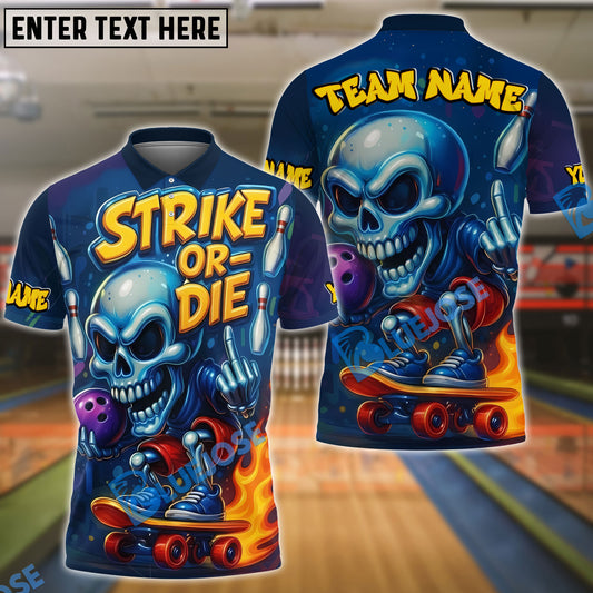BlueJose Bowling And Pins Strike or Die Flaming Skeleton Skateboard Style Customized Name, Team Name 3D Shirt (4 Colors)