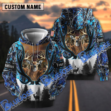 BlueJose Customized Name Deer Hunting Antler Pattern Blue 3D Shirt