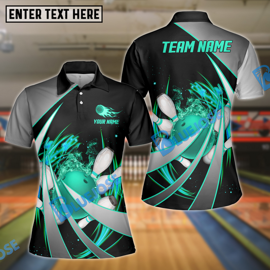 BlueJose Flame Bowling And Pins Tornado Pattern Multicolor Customized Name 3D Shirt for Women