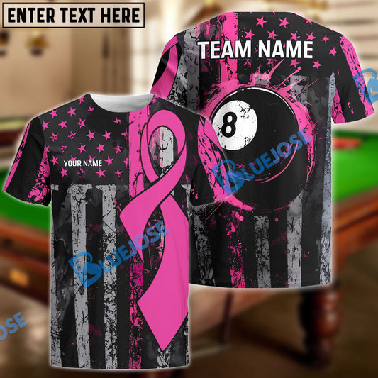 BlueJose Billiards Pink Ribbon with 8-Ball and Flag Breast Cancer Awareness Customized Name, Team Name 3D Shirt