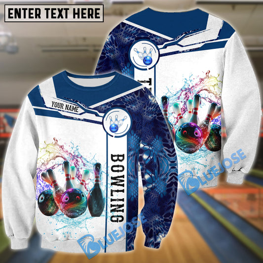 BlueJose Blue And White Bowling Water Ball And Pins Customized Name 3D Shirt