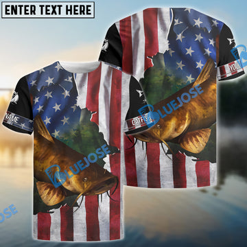Bluejose Flathead Catfish Fishing American Flag Patriotic Personalized Catfish Long Sleeve Fishing Shirts