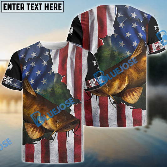 Bluejose Flathead Catfish Fishing American Flag Patriotic Personalized Catfish Long Sleeve Fishing Shirts