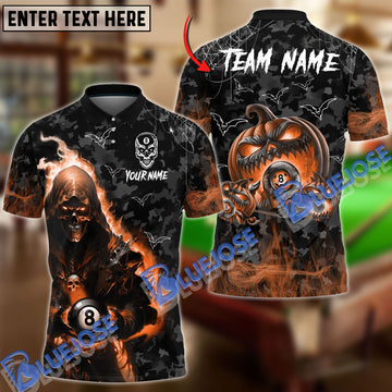 BlueJose Billiards Ball 8 Skull Halloween Personalized Name & Team Name Shirt (6 Colors)