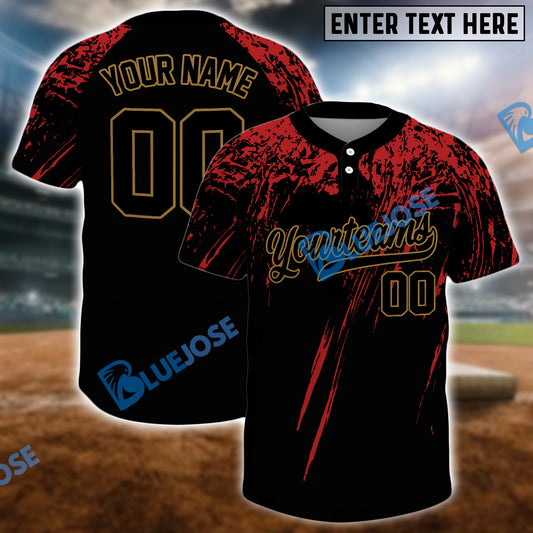 BlueJose Personalized Black Black Red-Old Gold 3D Pattern Two-Button Unisex Softball Jersey