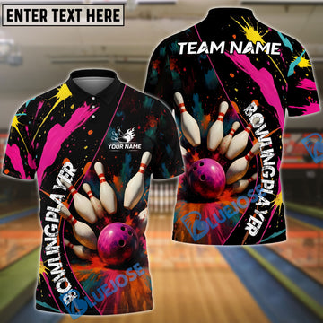 BlueJose Bowling Color Splash Strike Customized Name, Team Name 3D Shirt (4 Colors)