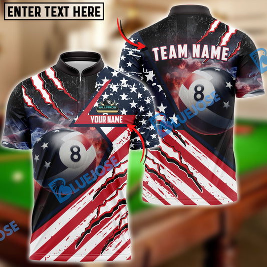 BlueJose Billiards 8 Ball American Flag Patriot Personalized Name, Team Name Shirt