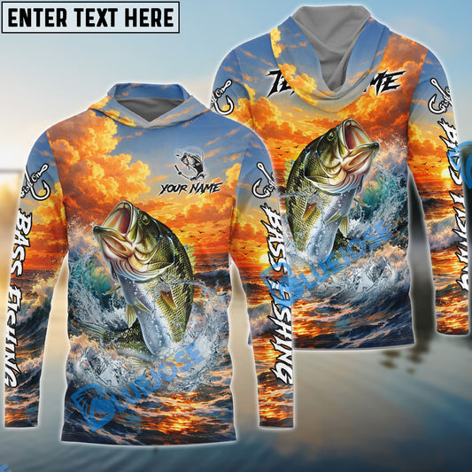 Bluejose Bass Fishing Ocean Sunset Wave Custom Name & Team Name 3D Shirts
