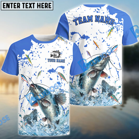 Bluejose Catfish Fishing White Light Blue Custom Name & Team Name 3D Shirts
