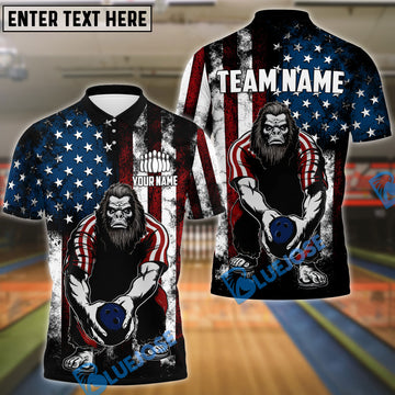 BlueJose Bowling And Pins American Flag Bigfoot Customized Name, Team Name 3D Shirt