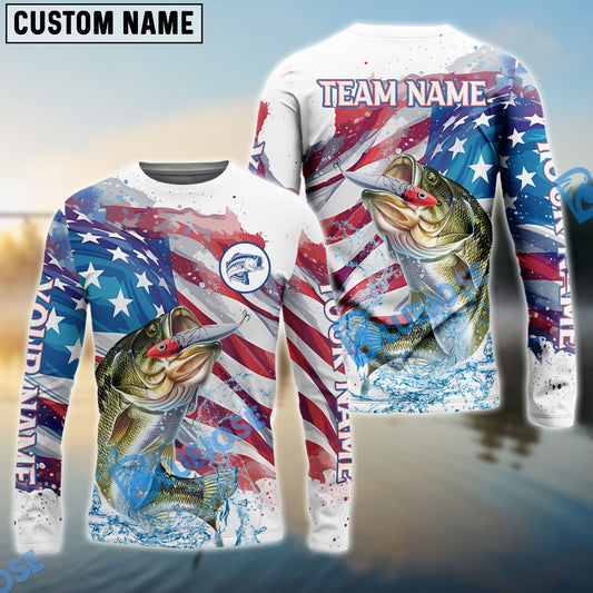 Bluejose Bass Fishing Watercolor USA Flag Custom Name & Team Name Shirts