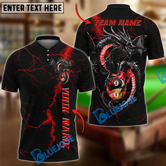BlueJose Billiards Yin And Yang 8 & 9-Ball Flame Lightning Dragon Personalized Name Shirt (4 Colors)