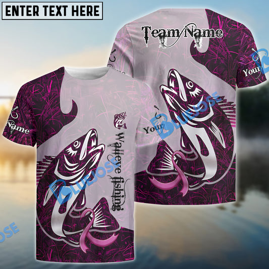 Bluejose Walleye Fishing Breast Cancer Ribbon Pink Camo Custom Name & Team Name 3D Shirts