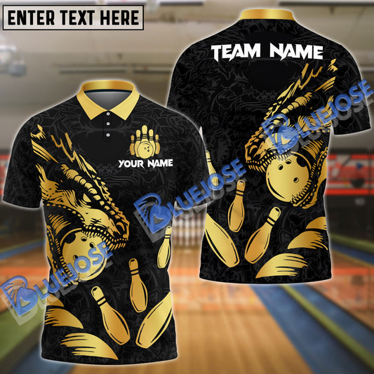 BlueJose Bowling And Pins Bling Dragon Customized Name 3D Shirt (4 Colors)