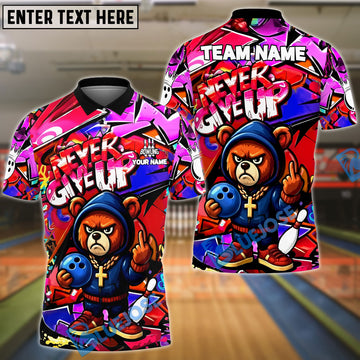 BlueJose Bowling And Pins Bear Never Give Up Graffiti Customized Name, Team Name 3D Shirt (4 Colors)