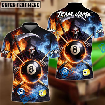 BlueJose Billiards Ball 8 & 9 & 10 Double Smoke Fire Reaper Personalized Name Shirt (4 Colors)