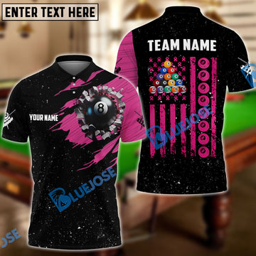 BlueJose Billiards Breast Cancer Awareness Black American Flag Customized Name 3D Shirts